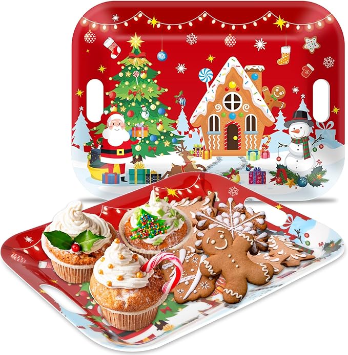 gisgfim 2PCS Christmas Serving Tray with Handles 16 X 11 Inch Large Melamine Platter Serving Dishes Rectangular Xmas Tree Santa Snowman Gingerbread House Food Tray for Snack Cookie Candy Dessert Plate