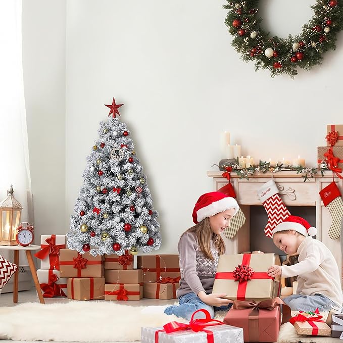 GarveeHome 4.5ft Prelit Artificial Christmas Tree with Warm White Lights, Snow Flocked Full Xmas Tree with 318 Branch Tips, 100 LED Lights & Foldable Stand, Green & White Christmas Decorations