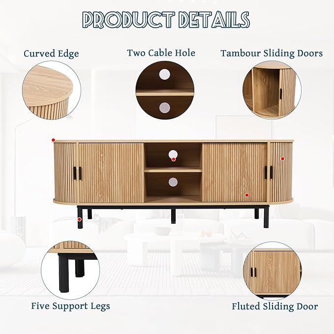 62" Tambour Door TV Stand,Wood Mid Century Modern TV Cabinet for Up to 75“ TV,Curved Edge Long TV Stand with Storage for Bedroom Living Room (Natural, 62.2inch)