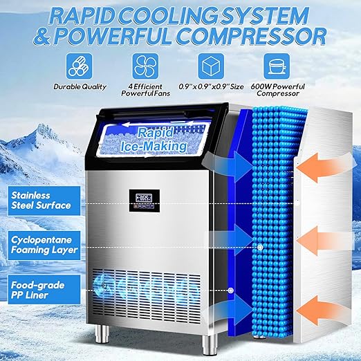 Commercial Ice Maker Machine 400LBS/24H with 125LBS Large Ice Storage Bin, 126Pcs Clear Ice Cubes in 11Mins, Stainless Steel Under Counter Industrial Ice Machine for Bar, Restaurant Business
