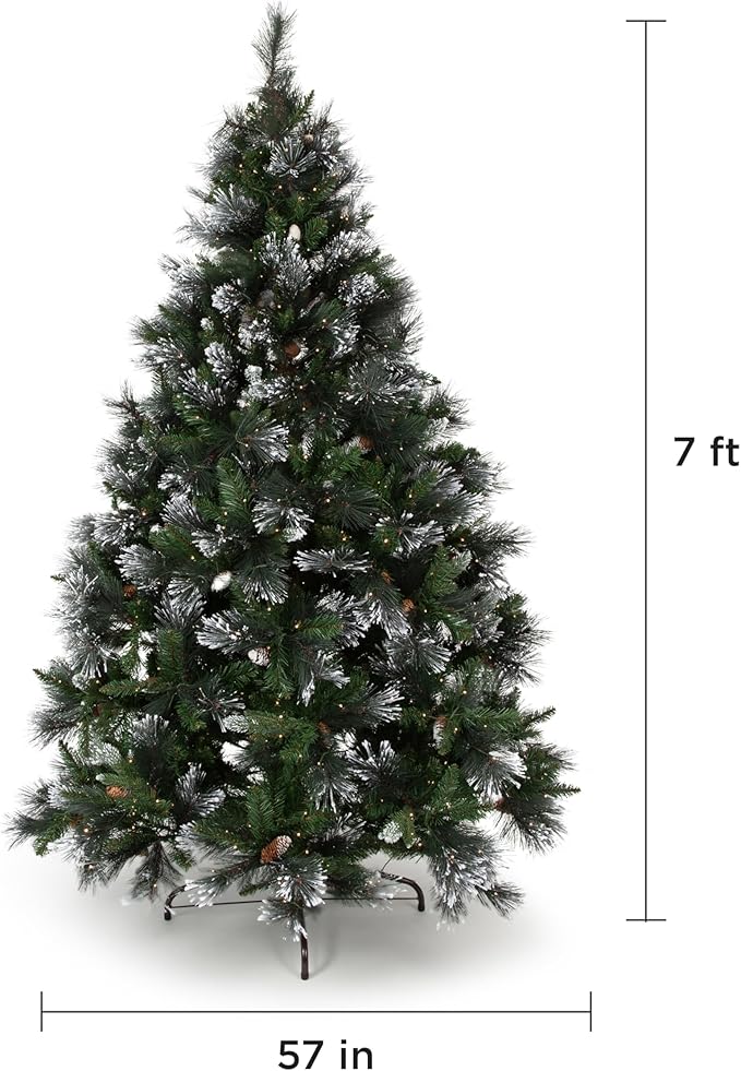 Papyrus Frosted 7 ft Pre-Lit Artificial Christmas Tree, Carolina Pine, Pine Cones, Warm White Lights, Includes Stand and Storage Bag