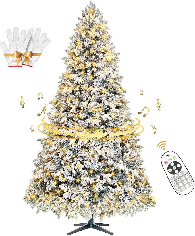 6.5ft Pre-Lit Snow Flocked Rotating Christmas Tree with 340 Multi-Color LED Lights, 1036 PE & PVC Tips - Realistic Artificial Tree for Holiday Decor