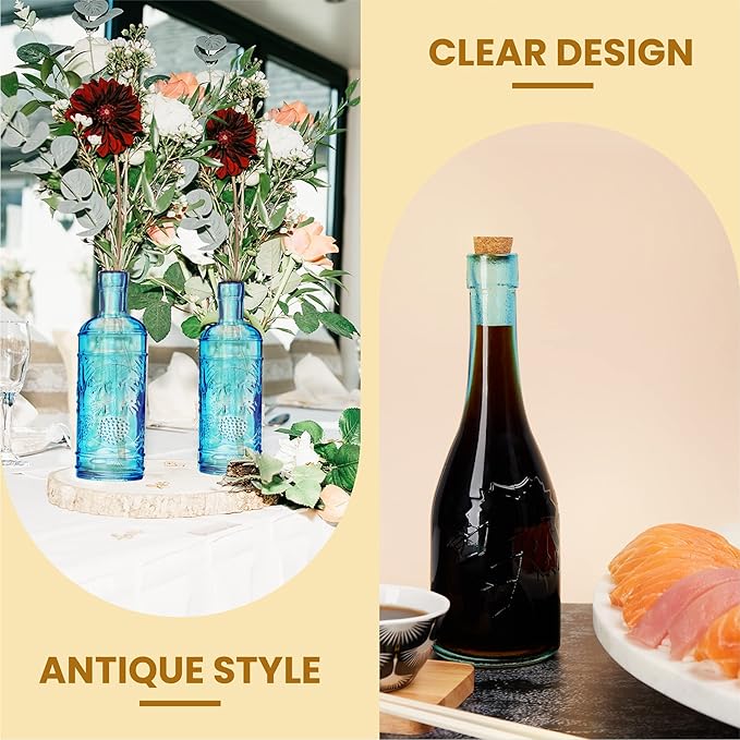 Assorted Blue Glass Bottles with Corks, 6 Pack, 2.5in X 9in, 16oz