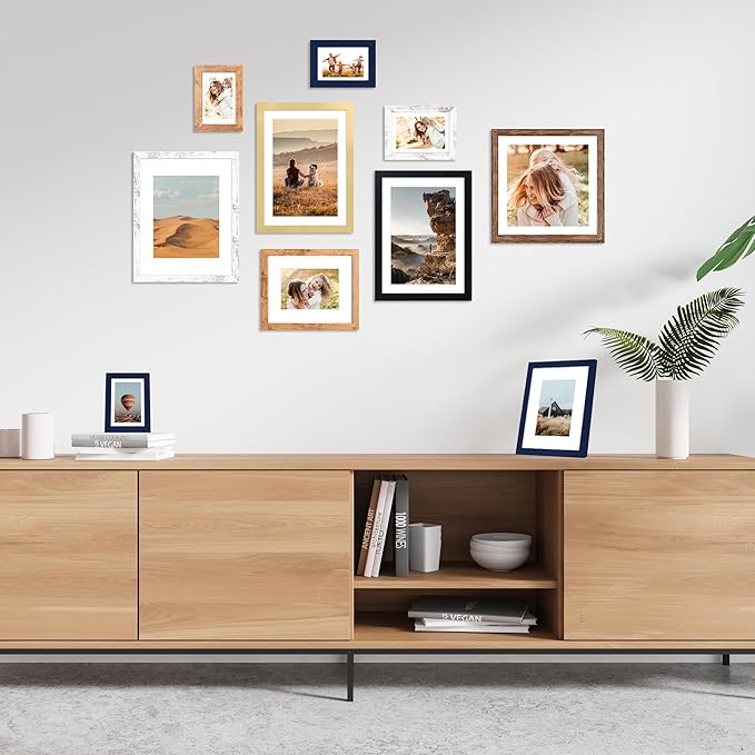 5x7 Picture Frame Set of 4, 5 x 7 Wood Photo Frames with Mat for 4x6, Natural Wooden Frame with Real Glass Cover for Wall and Tabletop Display,Blue