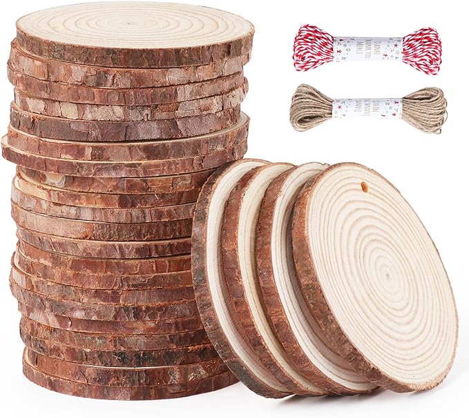 30 Pcs Wood Slices For Crafts, 1.7"-2.3” Pre-Drilled Holes Wood Rounds, 66 Feet Twine String, Wooden Circles For Crafts Burning Painting Diy Crafts Christmas Wedding Party Wedding Decor Party