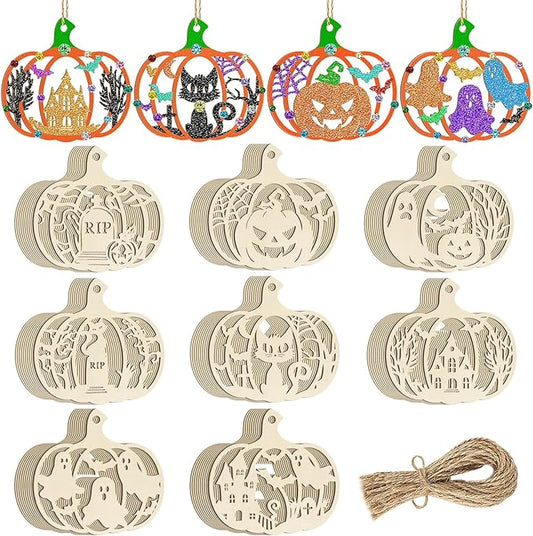 80PCS Wooden Halloween Decoration Pumpkins Ornaments to Paint Happy Halloween Cutouts Unfinished, DIY Blank Unfinished Ghost Spider Web Black Cat Trick or Treat Boo Ornament for Home Crafts Hanging