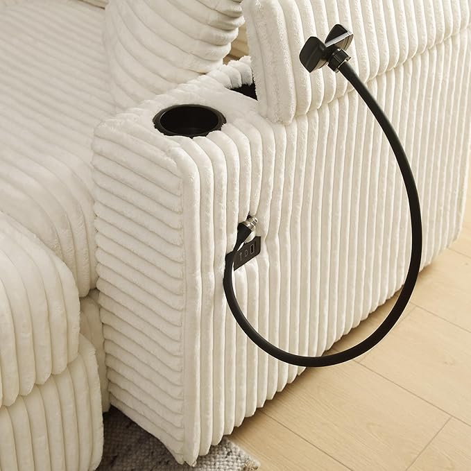 Modular Sectional Sofa Couch, Plush Corduroy Fabric Sectional Couches for Living Room with USB Charging Ports, Phone Holders, and Multi-Functional Storage Armrests (White, 3set+1ottoman)