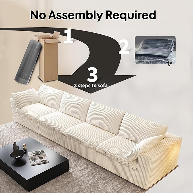 157.5" 4-Seater Cloud Sofa,Modular Sectional Couch,Modern Deep Seat Upholstered Couches with Plush Corduroy Fabric for Living Room Furniture,Bedroom and Apartment,No Assembly Required,White