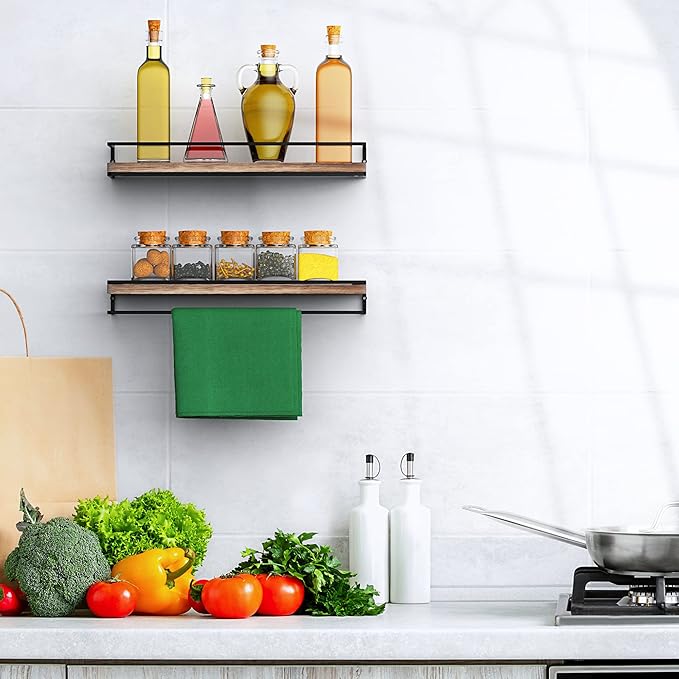 Meangood Floating Shelves Wall Mounted Set of 2, Rustic Wood Wall Storage Shelves for Bedroom,Living Room,Bathroom, Kitchen Torched Wood