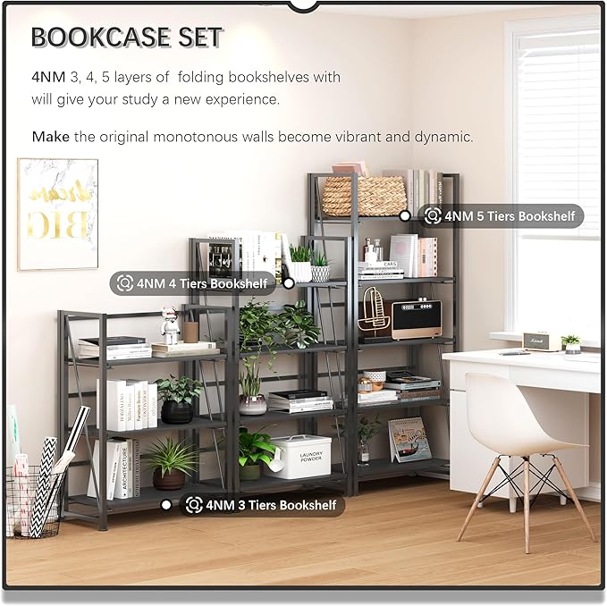 4NM No Assembly Foldable Bookshelf, 5-Shelf Collapsible Bookcase Storage for Small Spaces, 62.2" H, All Black