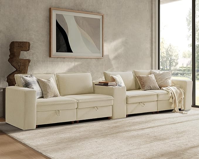 HULALA HOME 148" Modular Sectional Sofa with USB Port and Console, 4 Seater Sofa with Storage Ottoman, Oversized Sectional Couches for Living Room, FSC Certified, Beige