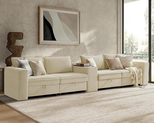 HULALA HOME 148" Modular Sectional Sofa with USB Port and Console, 4 Seater Sofa with Storage Ottoman, Oversized Sectional Couches for Living Room, FSC Certified, Beige