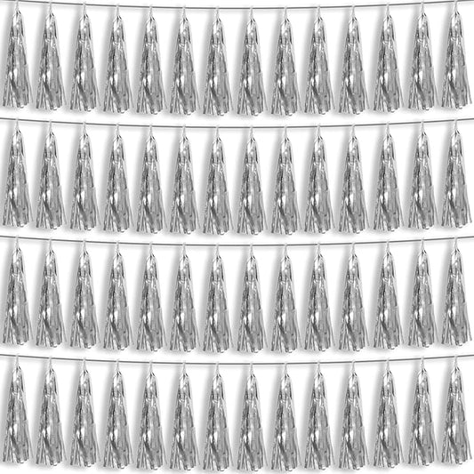 4P Silver Foil Fringe Metallic Tassel Streamers Banner Tassel Garland for Parade Floats, Bachelorette, Wedding, Birthday, Halloween, Christmas, Bridal/Baby Shower Party Decorations