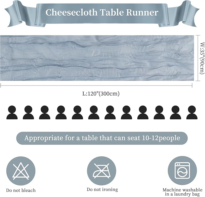 6 Pack Dusty Blue Cheesecloth Table Runner 10FT Long Boho Gauze Table Runner Rustic Sheer Runner for Wedding Bridal Baby Shower Birthday Party Table Decor Thanksgiving Christmas Decorations