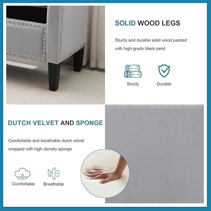 Storage Ottoman Bench, Velvet Upholstered Footstool for Bedroom and Living Room, Tufted Seat with Storage, Wooden Legs & Metal Rivets, Grey