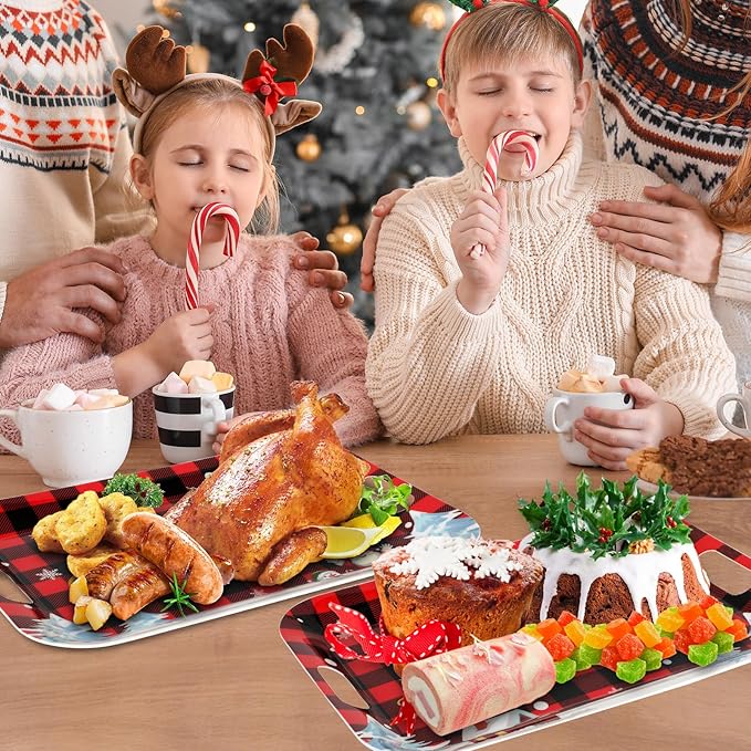 gisgfim 2PCS Christmas Serving Tray with Handles 16 X 11 Inch Large Melamine Platters Serving Dishes Rectangular Buffalo Plaid Xmas Tree Winter Holiday Food Trays for Snack Cookie Candy Dessert Plates