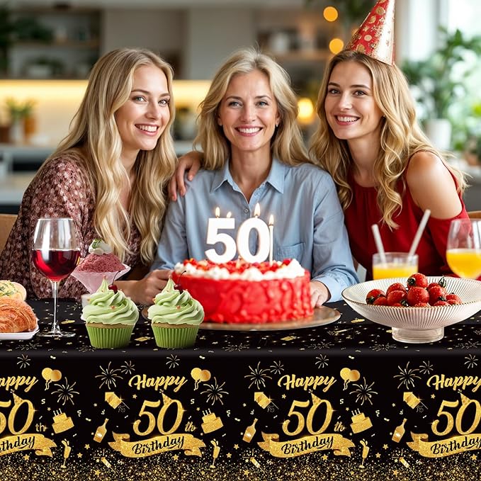 3 Pack 50th Birthday Tablecloth, Plastic Black Gold Table Cloths 50th Birthday Table Cover, Disposable Rectangle Table Cloths for Birthday Party Decorations, 54x108
