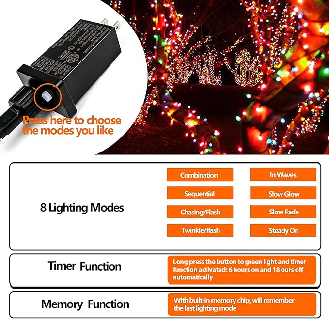 Upgraded 99FT 300 LED Multicolor Christmas String Lights Outdoor & Indoor, Memory Function & Timer & 8 Modes, Twinkle Lights Green Wire Waterproof for Xmas Tree Holiday Party Garden Decor (Multicolor)