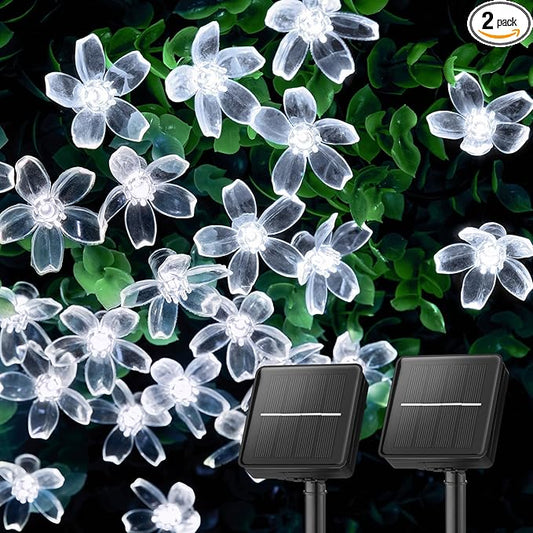 Brightown 2 Pack Total 52FT 120 LED Solar String Lights Flower Outdoor Waterproof Fairy Lights for Garden Yard Fence Patio Christmas Tree Wedding Party Decor, Pure White