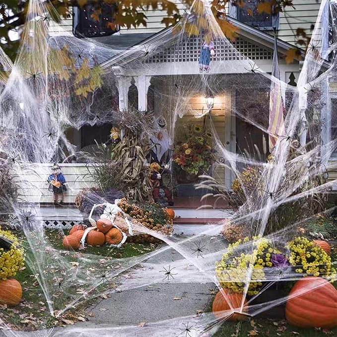 600 sqft Spider Web Halloween Decorations With 20 Fake Spiders - Super Stretch Cobwebs for Party Decor and Supplies