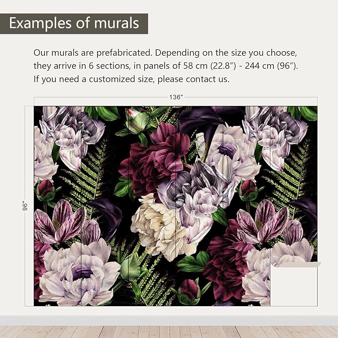 AFZEVEB-Purple Peony Wallpaper Watercolor Floral Wall Mural for Bedroom 136"x96"(Not Peel and Stick)