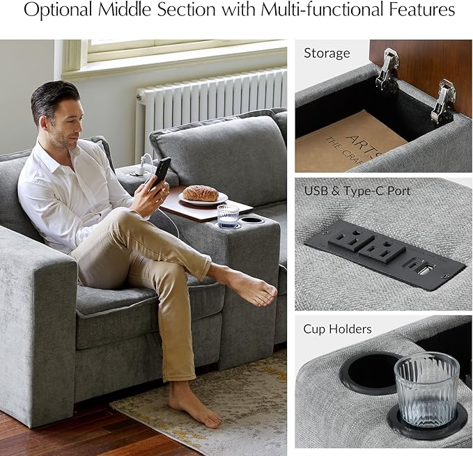 HULALA HOME Modular Sectional Sofa with USB Port and Console, 8 Seater Sofa with Storage Ottoman, Oversized L Shaped Couches for Living Room, FSC Certified, Grey