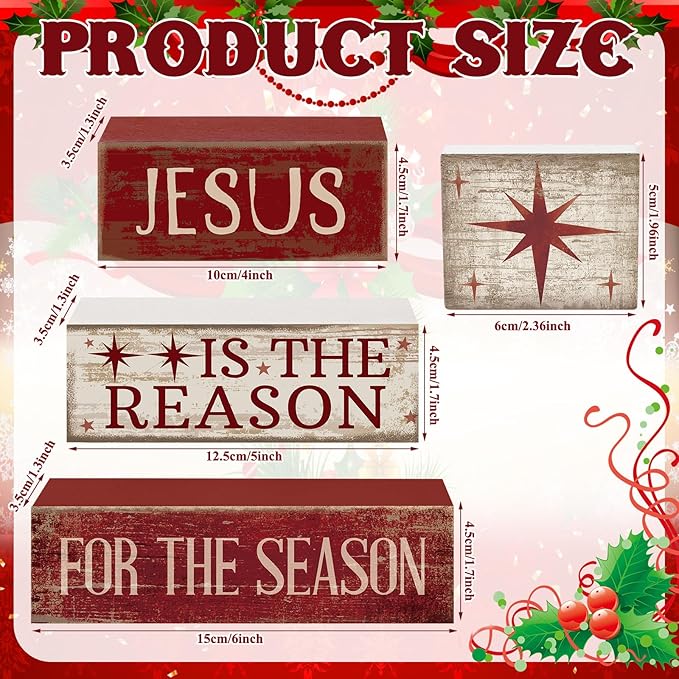 4 Pcs Christmas Table Decoration Jesus Decor Christmas Tiered Tray Decor Christian Centerpiece Decorative Jesus Block Signs Gift Farmhouse for Religious Home Office Tabletop Kitchen Office