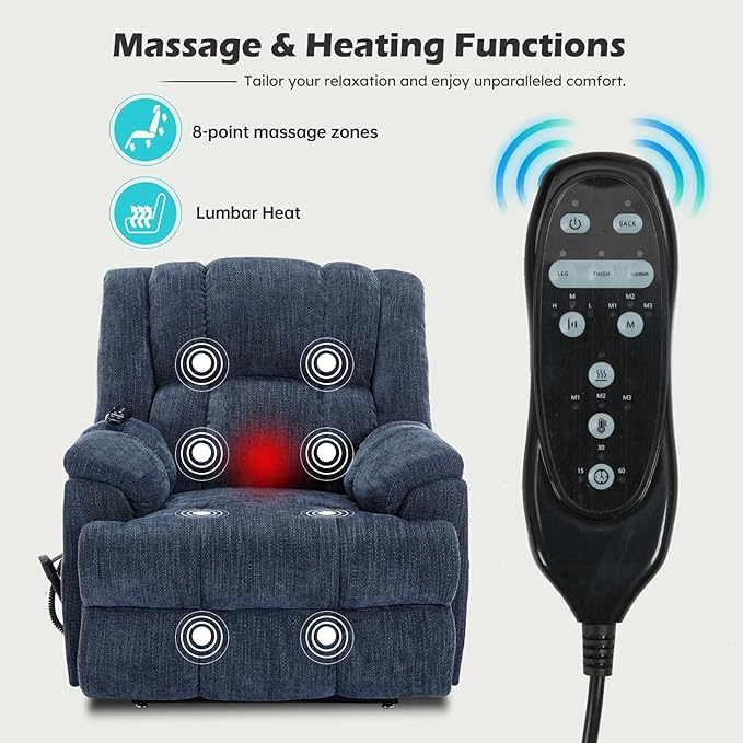 Dual Motor Power Lift Recliner Chair with Massage and Heat for Elderly People, Infinite Position, Dark Blue Recliner Chair, Chenille Fabric Lift Chair