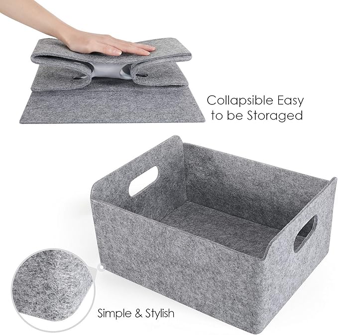 Welaxy Storage Baskets Collapsible Felt Storage bin Foldable Shelf Drawers Organizers Bins organizie Box with Handles for Kids Toys pet Toy Books Clothes Makeup Junk organise (Gray x 3)