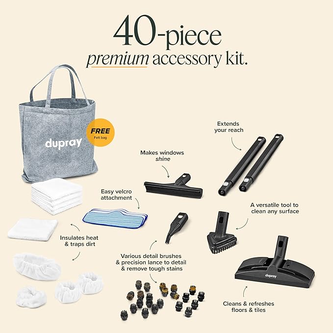 Dupray Neat Steam Cleaner with 40-Piece Accessory Kit, Powerful, chemical-free cleaning for floors, cars, tiles, grout, and more. *Kills 99.9% of Bacteria and Viruses