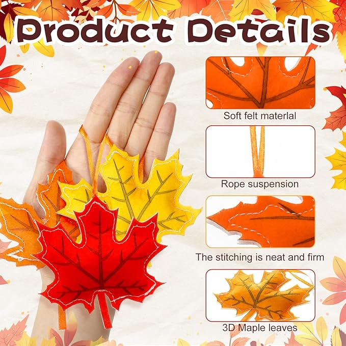 36 Pcs Fall Tree Decoration Thanksgiving Tree Ornaments 3D Felt Maple Leaf Ornaments Fall Hanging Decoration for Home Autumn Party