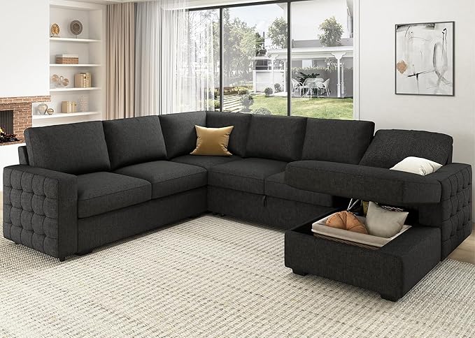 HONBAY Sectional Couch with Pull Out Bed, Sectional Sleeper Sofa with Storage, U Shape Couches for Living Room, Dark Grey