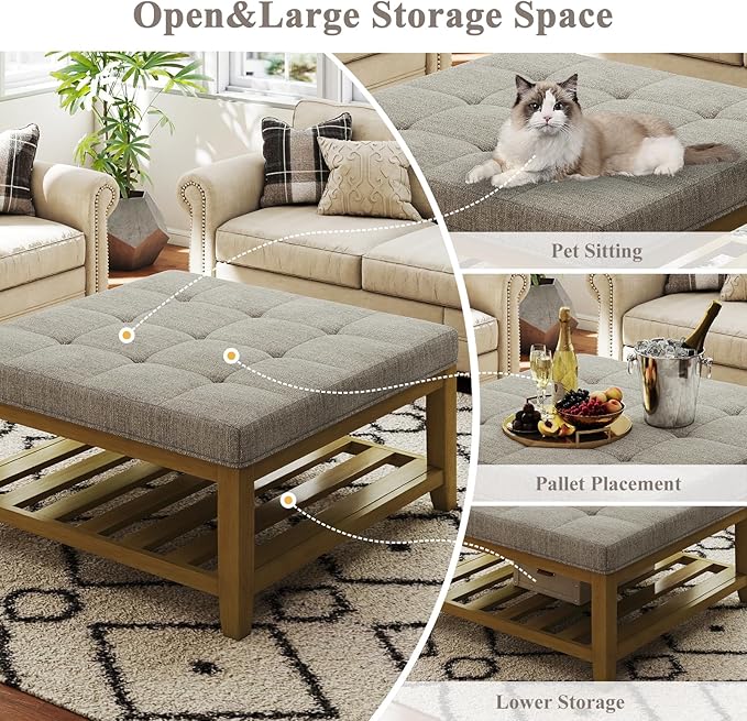 Large Square Ottoman Coffee Table, Linen Solid Upholstered Footrest Ottoman with Solid Wood Shelf Storage Tufted Coffee Table for Bedroom Living Room, Linen