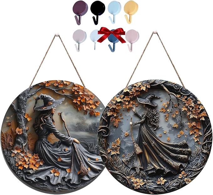 Fanyil/Olygee/Sherum/Shirem/Pubyfun/Glosrity/Libilin/Graddi/Solymody/Gowebs/Goredny/Vianys Witching Hour, Door Way Hanging Decor Halloween, 2D Wooden Round Witches Sign (B+C, 11.8")