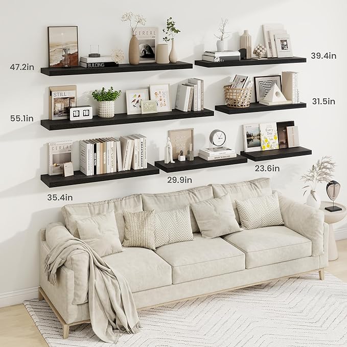 Fun Memories 48 Inch Deep Floating Shelves for Wall, 2 Pack of Long Wall Mounted Wood Shelves with Invisible Brackets for Bathroom, Bedroom, Living Room, Kitchen Decor and Storage, Black