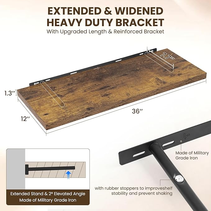 36" Floating Shelves for Wall, 12" Deep Slim Rustic Brown Floating Shelves, Wall-Mounted Shelves for Bedroom, Living Room, Kitchen, Bathroom - Set of 2