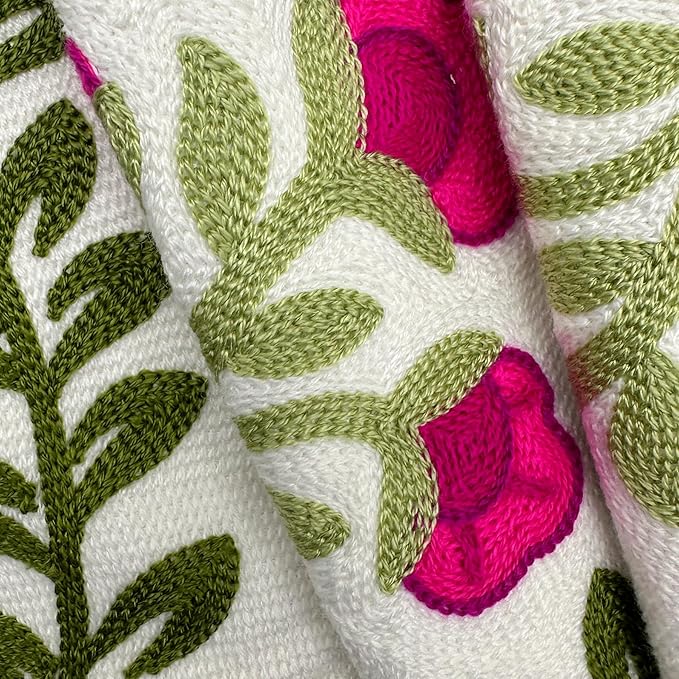 Alysheer Summer Decorative Throw Pillow Covers 18"x 18" Set of 2, Floral Embroidered Farmhouse Hot Pink Flowers Green Vine Patterned Cotton Canvas Cushion Case for Sofa Couch Bed Living Room Decor