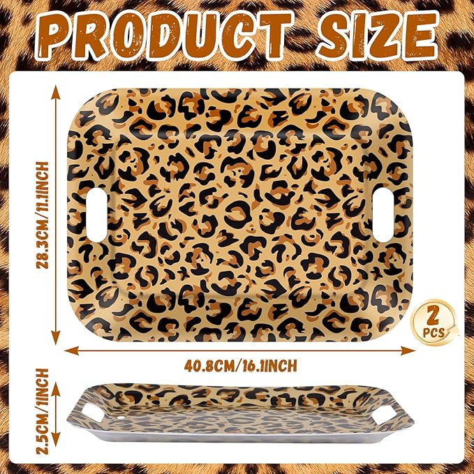 gisgfim 2Pcs Leopard Serving Trays 16.1 X 11.1 Inch Large Melamine Serving Platters with Handles, Leopard Print Food Trays Serving Dishes Snacks Dessert Plates for Cheetah Birthday Party Decorations