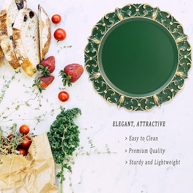 Green Charger Plates Set of 6, Decorative Table Plastic Chargers for Dinner Plates, Party, Wedding, Thanksgiving, Christmas, FD1GR