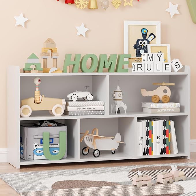 Book Shelf, 5 Cubes Storage Organizer, Open Shelf Wooden Bookcase, Freestanding White Bookshelf Cube Shelf for Bedroom, Living Room, Home Office