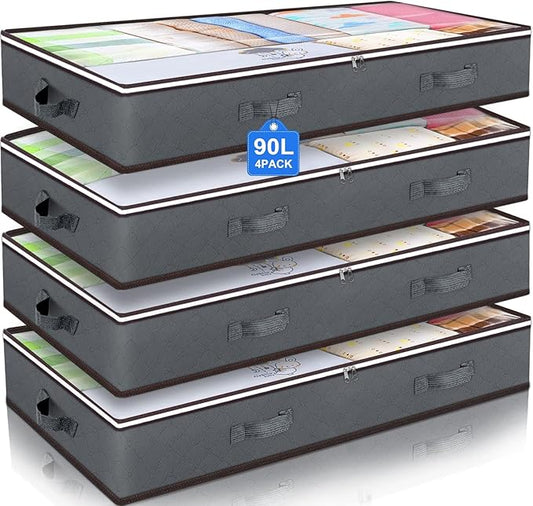 Budding Joy 90L Under Bed Storage Containers, Closet Organizers and Storage Bins, Foldable Underbed Storage Bags for Blanket, Clothing, Comforter, Sweaters, Pillows, Linen Sheets, Wrapping Paper, Grey