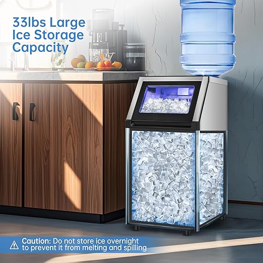 Ice Maker Commercial Ice Machine 200 lbs /24H, 33 lbs Large Storage Capacity Bin, Under Counter or Freestanding Ice Cube Makers Stainless Steel for Restaurant Bar Cafe