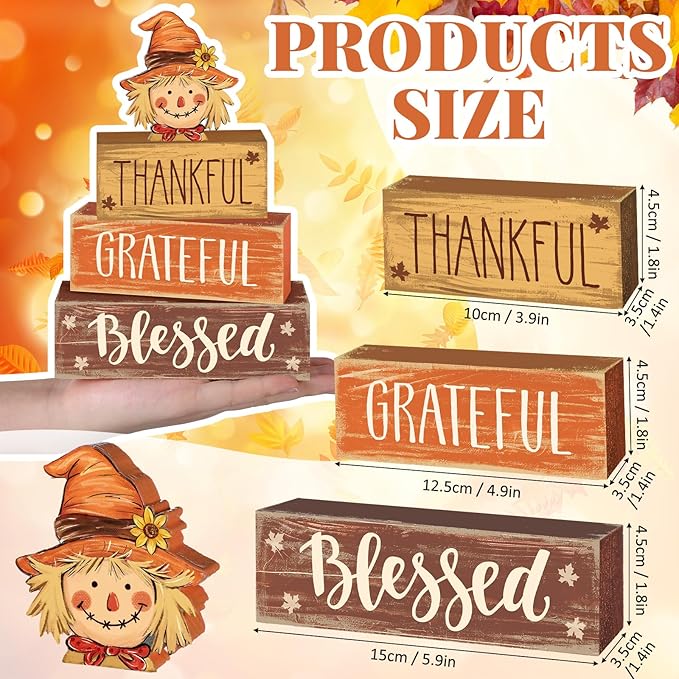 4 Pcs Fall Thanksgiving Decor for Home Sunflower Scarecrow Wooden Sign with Sayings Fall Scarecrow Tiered Tray Decor Blessed Tabletop Centerpiece Maple Leaf Block Signs for Autumn Office Kitchen Shelf
