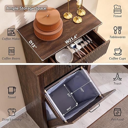 Modern Tilt-Out Trash Can Cabinet, 10 Gallon Fluted Laundry Hamper Cabinet with Drawers, Wooden Hidden Garbage Can Cabinets with Storage Basket, Free Standing for Kitchen and Living Room,Brown