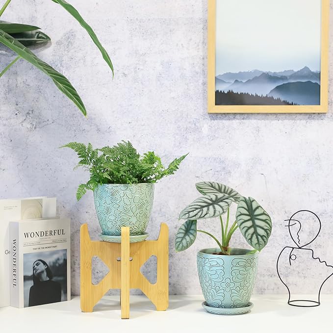 6 Inch Retro Ceramic Planter Set of 2 with Drainage Hole and Saucer for Plants, Indoor-Outdoor Garden Pots for Succulent, Orchid, and Flower (Fits Inner Pots Up to 5 Inches, Retro Green)