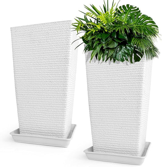 Tall Planters Set Of 2 for Outdoor Indoor Plants,21.3in Large Tapered Plant Pots with Drainage Trays Holes,White Resin Extra-Thick Flower Pots for Outdoor Patio Front Porch Backyard Decor