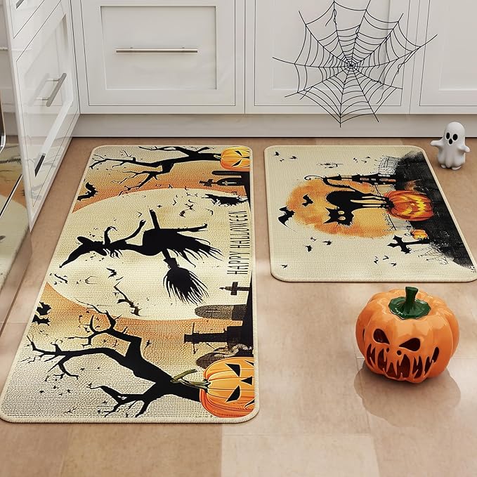 Halloween Kitchen Mat Set of 2, Spooky Witch Pumpkin Cat Halloween Kitchen Decor, Halloween Rug for Floor, Indoor Spooky Home Decor with Non-Slip Backing,17 x 29 Inch & 17 x 47 Inch