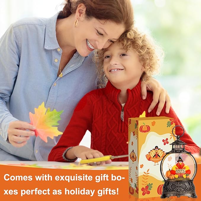 Fall Snow Globe Lantern with Autumn Turkey and Pumpkins Thanksgiving LED Decor for Home, Indoor Tabletop Centerpiece with Glitter Flakes, Harvest Light Decorations