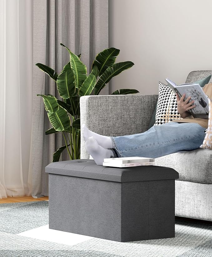 Storage Ottoman Bench, Folding Ottoman Foot Rest, 15 x 30 x 15 Inches, End of Bed Bench,Storage Chest, for Living Room, Bedroom, Hallway, Entryway, Dark Gray
