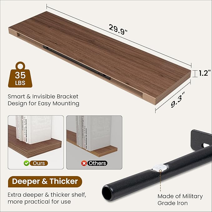 Fun Memories Floating Shelves for Wall, 30 Inch Rustic Wood Wall Mounted Shelves for Bathroom, Bedroom, Kitchen, Living Room, Deep Floating Shelves for Storage & Home Decor (Walnut, Set of 2)